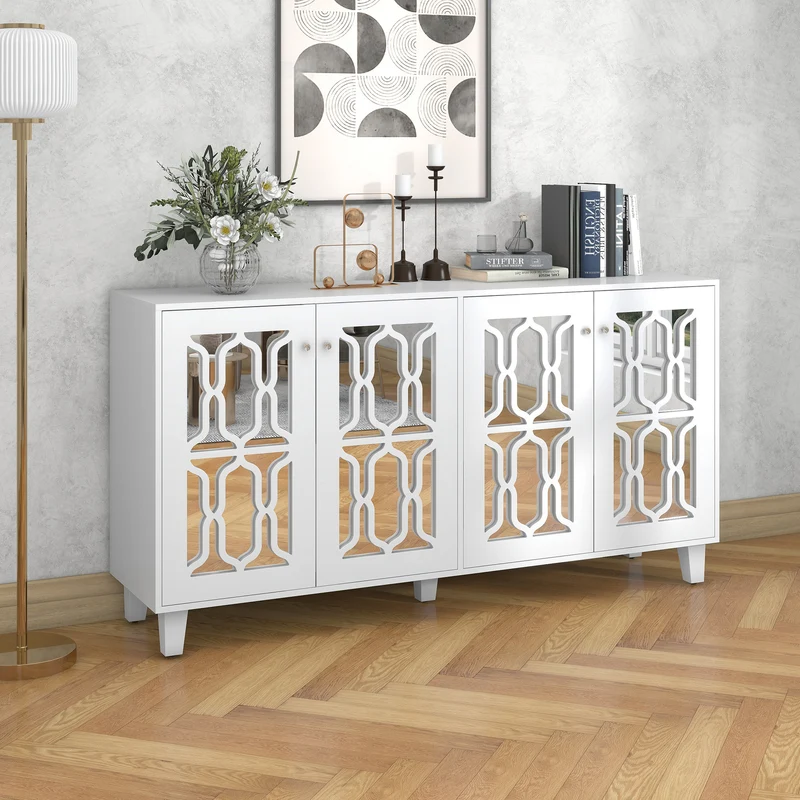 Buffet blanc design 4 portes miroir motif géométrique et poignées en cristal froid 160*40*84cm VOVRATH WHITE