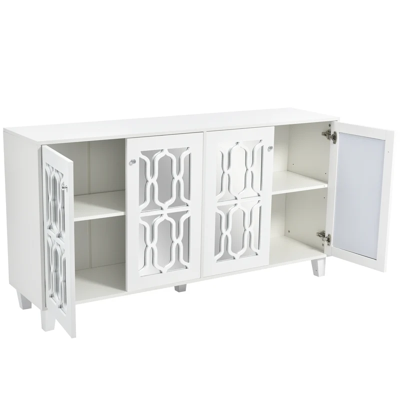 Buffet blanc design 4 portes miroir motif géométrique et poignées en cristal froid 160*40*84cm VOVRATH WHITE
