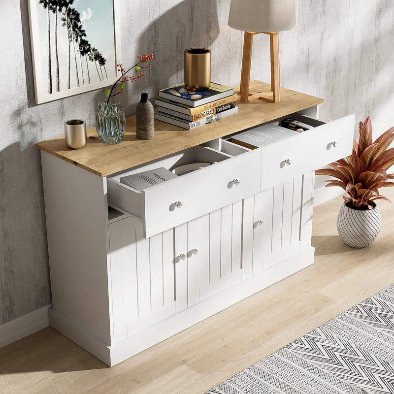 Buffet blanc texture gravée avec espace de rangement IKTEK