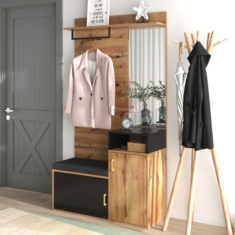 Vestiaire à l'entrée avec miroir, banc et meuble à chaussures, porte-manteau mural NAKS