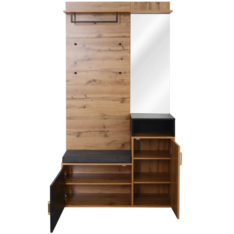 Vestiaire à l'entrée avec miroir, banc et meuble à chaussures, porte-manteau mural NAKS