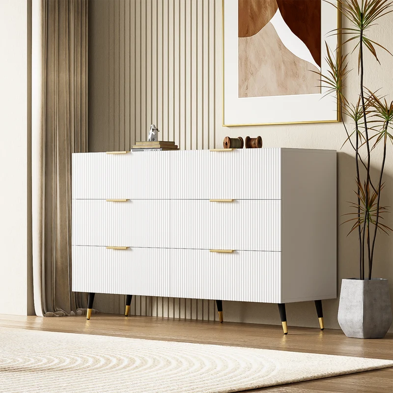 Buffet élégant blanc 6 tiroirs, poignées et pointe de pieds dorés 120*40*77cm COQREOD WHITE