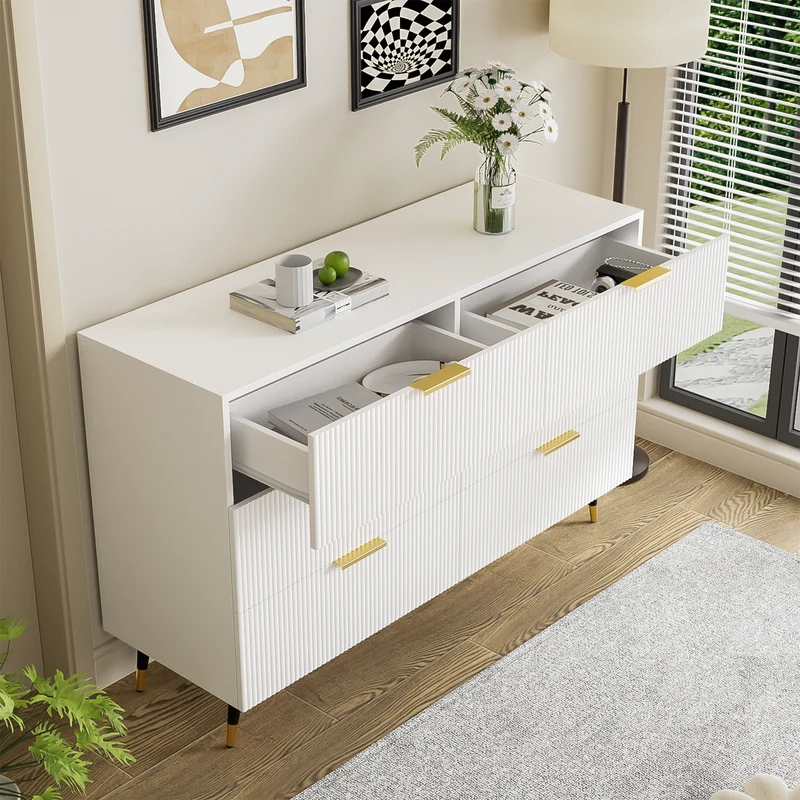 Buffet élégant blanc 6 tiroirs, poignées et pointe de pieds dorés 120*40*77cm COQREOD WHITE