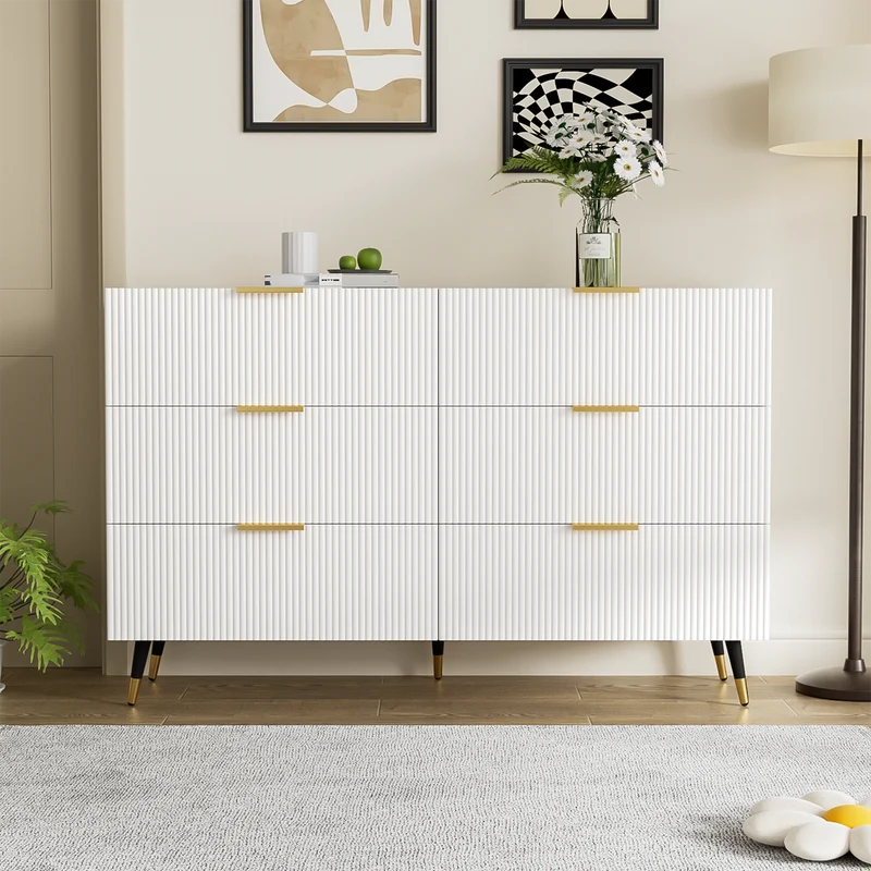 Buffet élégant blanc 6 tiroirs, poignées et pointe de pieds dorés 120*40*77cm COQREOD WHITE