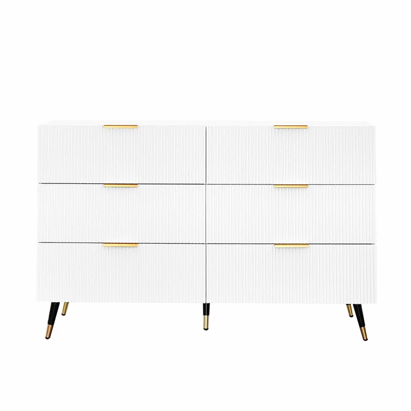 Buffet élégant blanc 6 tiroirs, poignées et pointe de pieds dorés 120*40*77cm COQREOD WHITE