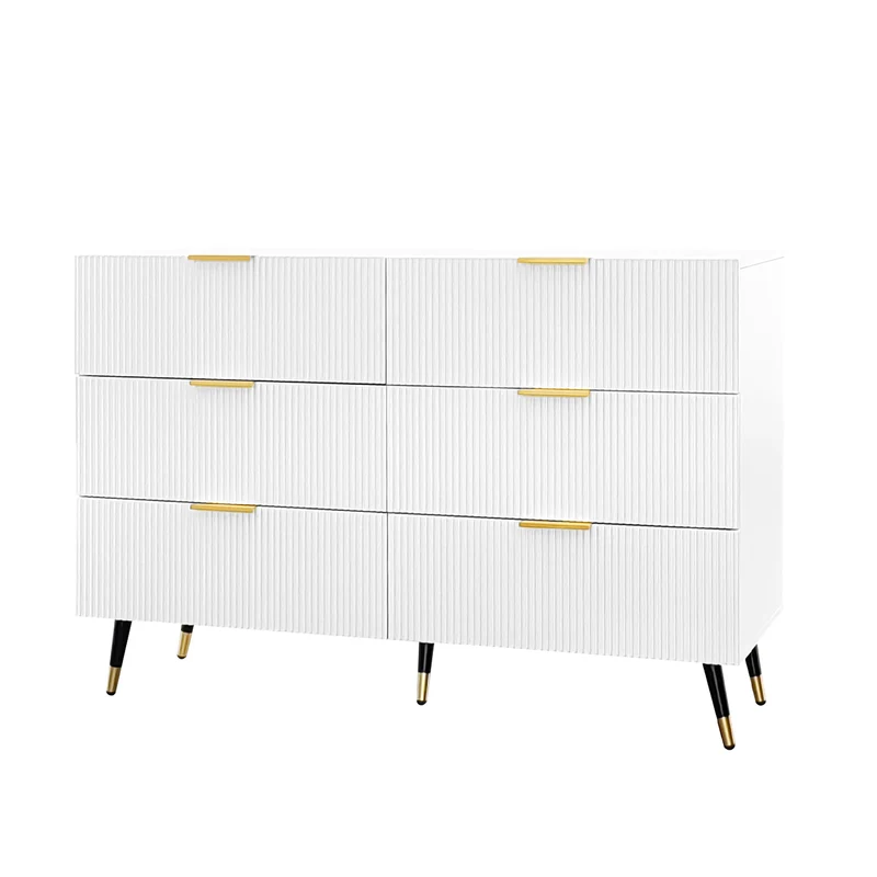 Buffet élégant blanc 6 tiroirs, poignées et pointe de pieds dorés 120*40*77cm COQREOD WHITE