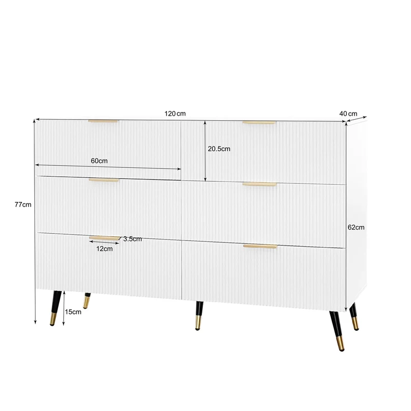 Buffet élégant blanc 6 tiroirs, poignées et pointe de pieds dorés 120*40*77cm COQREOD WHITE