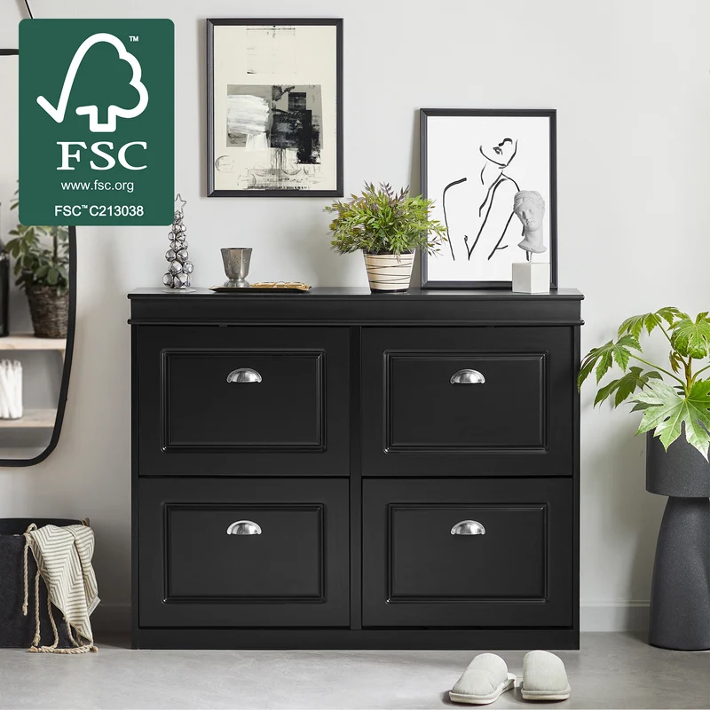 SoBuy FSR79-SCH Armoire à Chaussures 4 Abattants – Séparateurs Réglables, Dos Aéré, Certifiée FSC® – 105×24×83 cm, Noir