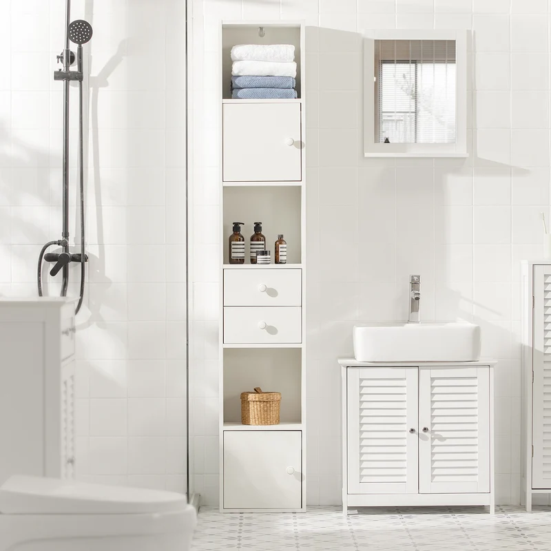 SoBuy STR10-W Meuble Colonne de Salle de Bain Armoire de Rangement Placard de Rangement Armoire sur Pied avec 2 Portes et 2 Tiroirs Blanc 33x24x188cm