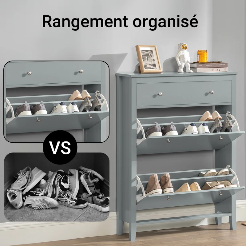 SoBuy FSR89-HG Armoire à Chaussures 2 Abattants avec Tiroir, Slim 25 cm, 12 Paires – 80x25x108 cm, Gris