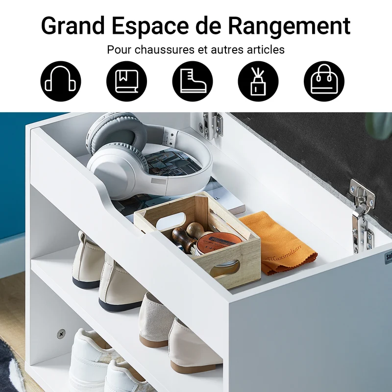 SoBuy FSR25-HG Banc à Chaussures 2 Étages avec Coussin Gris Rembourré pour Entrée Couloir – 60x30x44 cm, Blanc