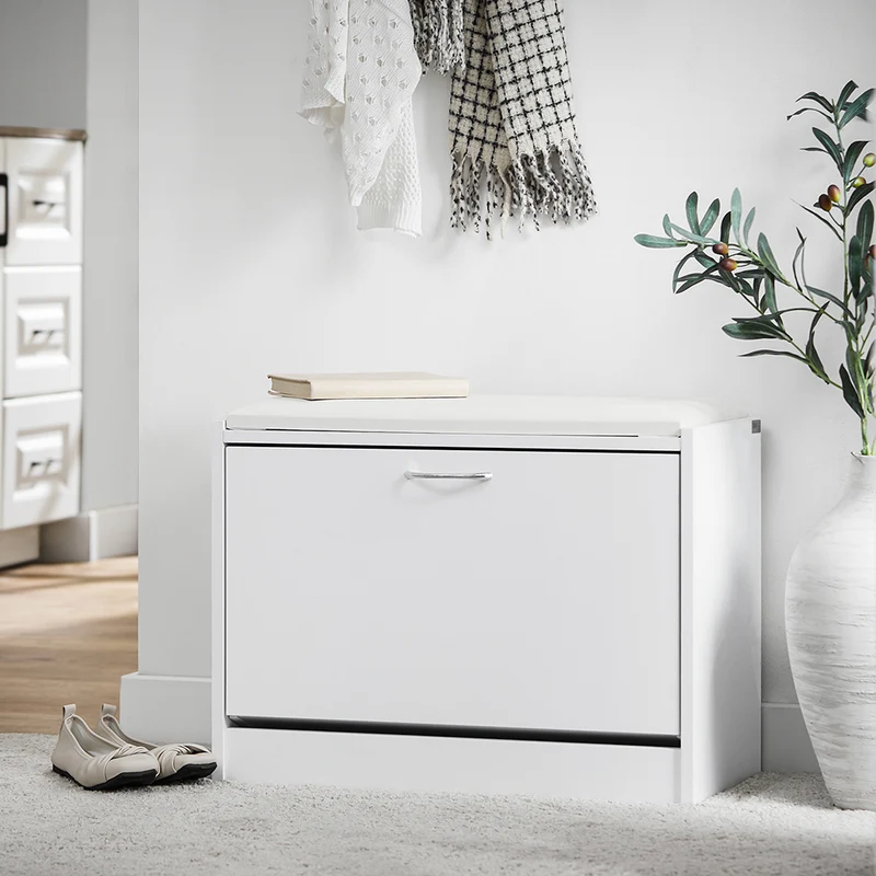 SoBuy FSR16-W Banc à Chaussures avec 1 Abattant et Coussin Rembourré, Coffre de Rangement pour Entrée – 60x30x48 cm, Blanc