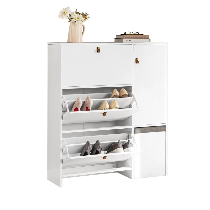 SoBuy FSR107-W Armoire à Chaussures avec Tabouret, 1 Porte et 3 Abattants, Meuble d'Entrée – 95x30x121 cm, Blanc