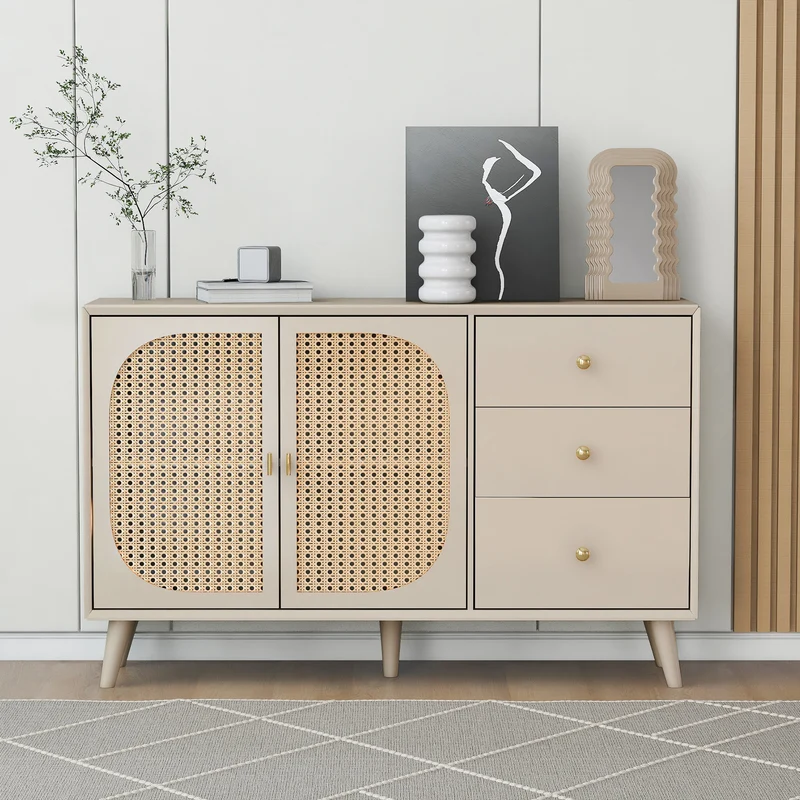Buffet effet bois clair avec portes et tiroirs, poignées dorées 120*40*82cm GHUXEOTS