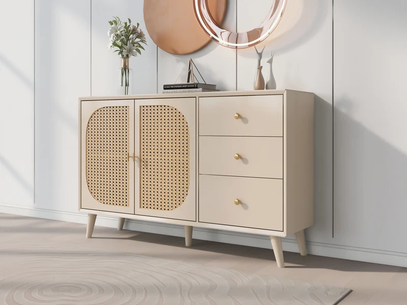Buffet effet bois clair avec portes et tiroirs, poignées dorées 120*40*82cm GHUXEOTS