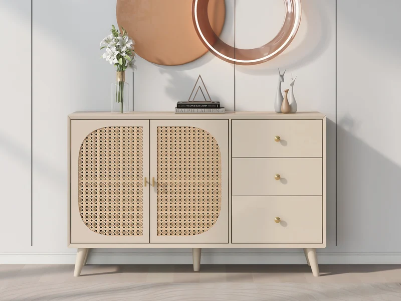 Buffet effet bois clair avec portes et tiroirs, poignées dorées 120*40*82cm GHUXEOTS