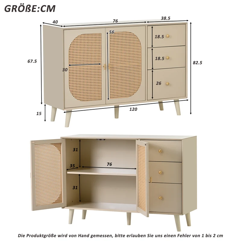Buffet effet bois clair avec portes et tiroirs, poignées dorées 120*40*82cm GHUXEOTS
