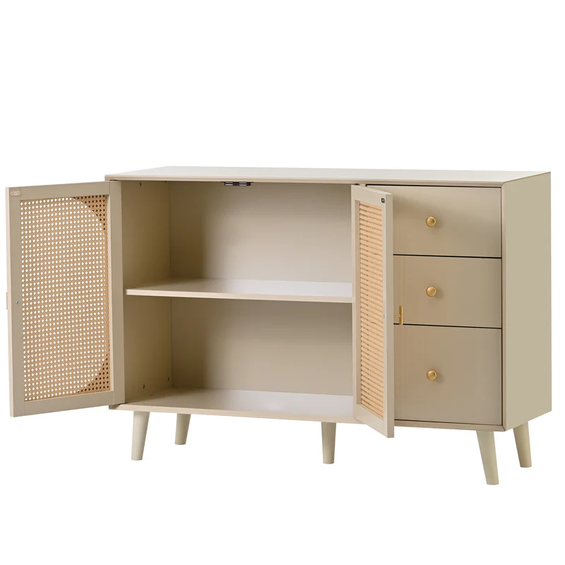 Buffet effet bois clair avec portes et tiroirs, poignées dorées 120*40*82cm GHUXEOTS
