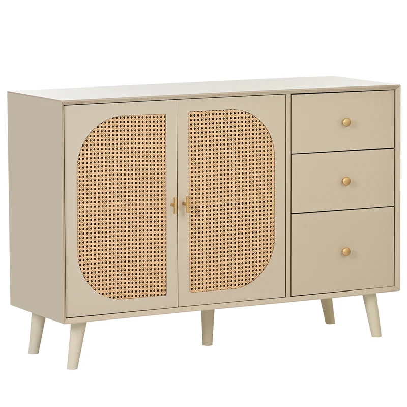Buffet effet bois clair avec portes et tiroirs, poignées dorées 120*40*82cm GHUXEOTS