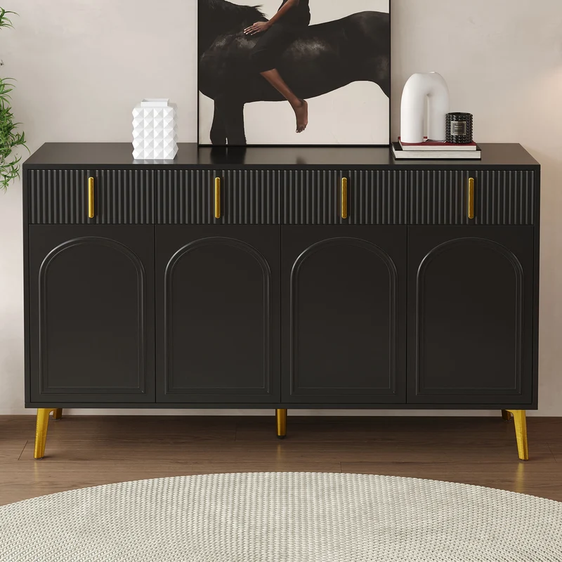Buffet noir 4 portes 4 tiroirs avec poignées et pieds dorés 140*37,8*82cm CHADDANS