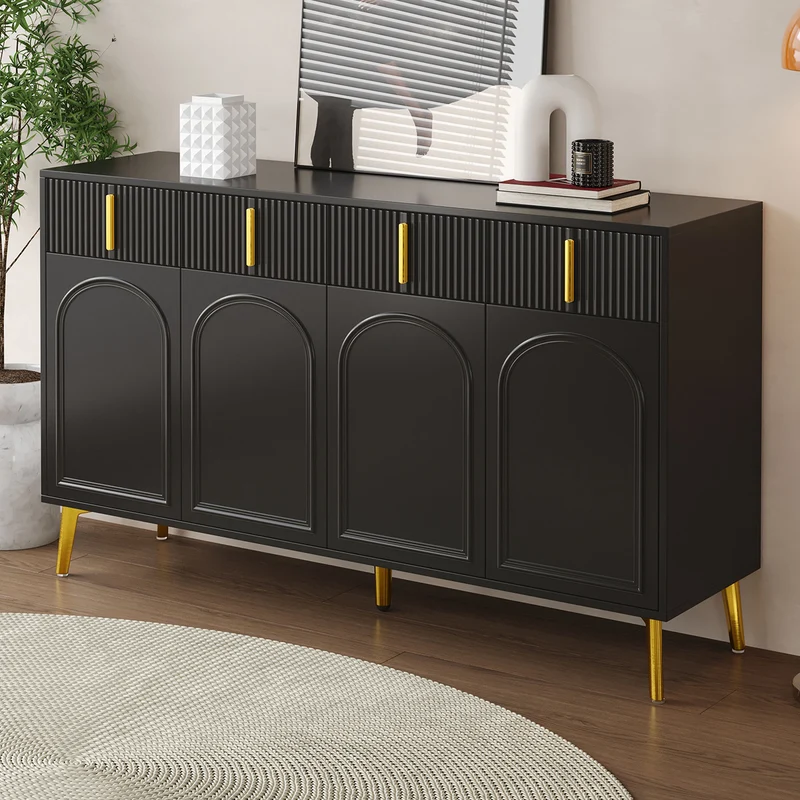 Buffet noir 4 portes 4 tiroirs avec poignées et pieds dorés 140*37,8*82cm CHADDANS