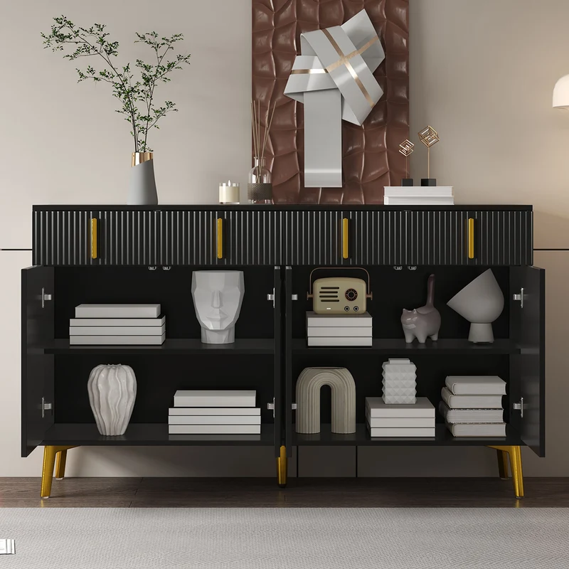 Buffet noir 4 portes 4 tiroirs avec poignées et pieds dorés 140*37,8*82cm CHADDANS