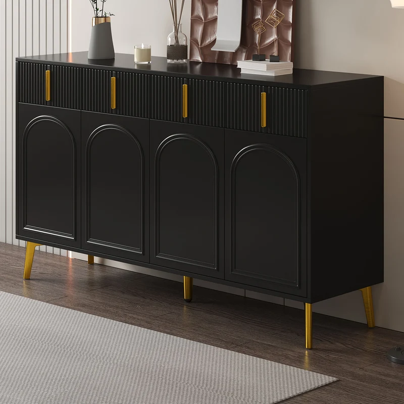 Buffet noir 4 portes 4 tiroirs avec poignées et pieds dorés 140*37,8*82cm CHADDANS