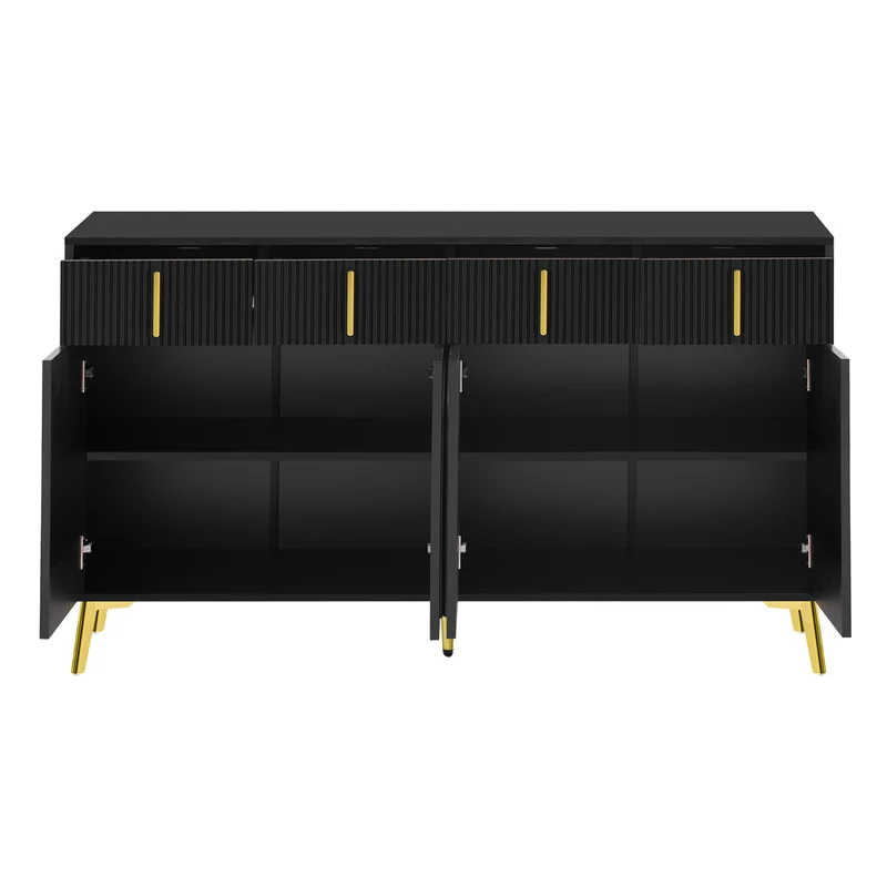 Buffet noir 4 portes 4 tiroirs avec poignées et pieds dorés 140*37,8*82cm CHADDANS