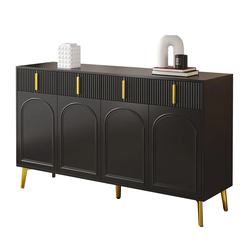 Buffet noir 4 portes 4 tiroirs avec poignées et pieds dorés 140*37,8*82cm CHADDANS