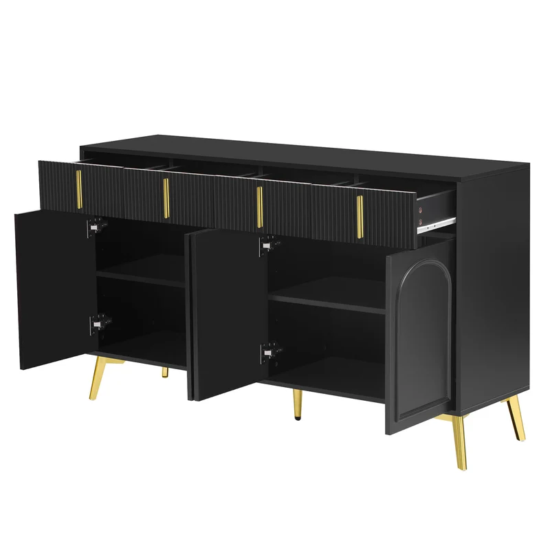 Buffet noir 4 portes 4 tiroirs avec poignées et pieds dorés 140*37,8*82cm CHADDANS