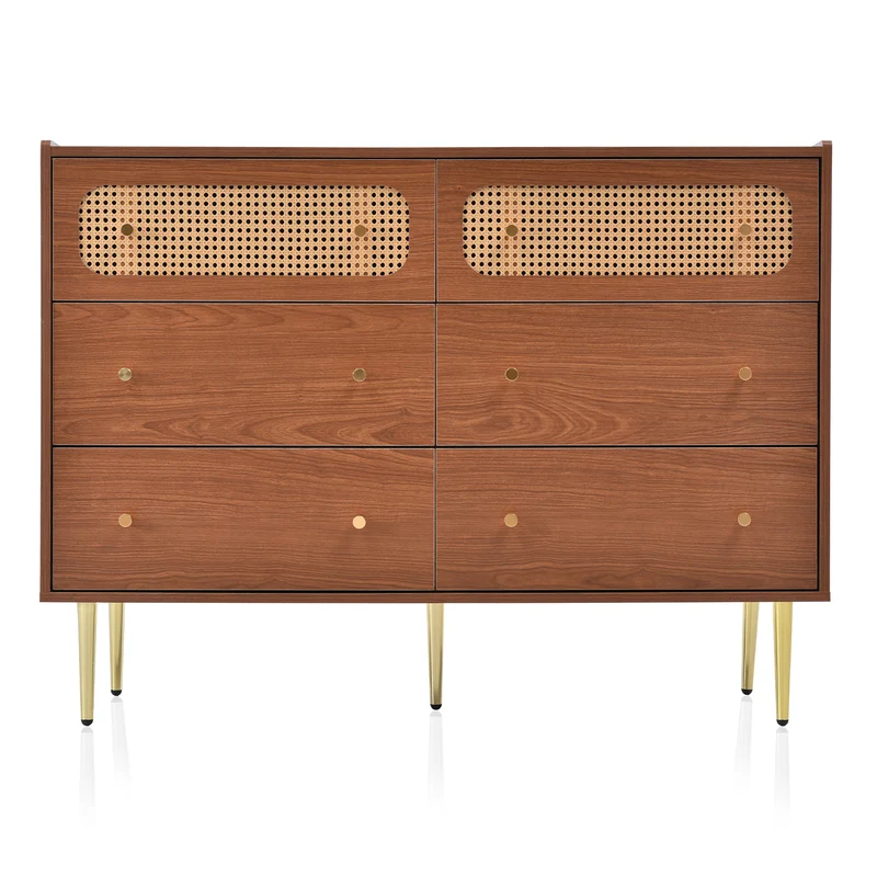 Buffet vintage 6 tiroir en rotin poignées et pieds dorés 120*90*40cm DELMO