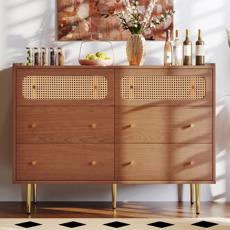 Buffet vintage 6 tiroir en rotin poignées et pieds dorés 120*90*40cm DELMO