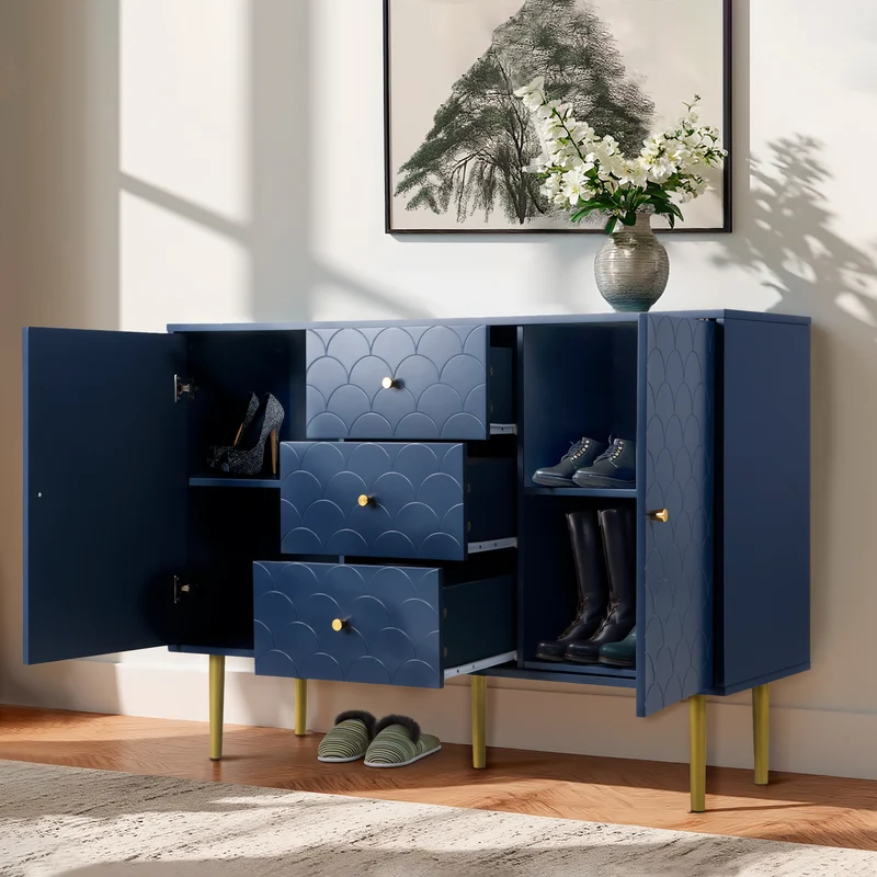 Commode buffet haut avec 2 portes 3 tiroirs bleu marine motif d'écailles H82/B120/T40 AIKETS