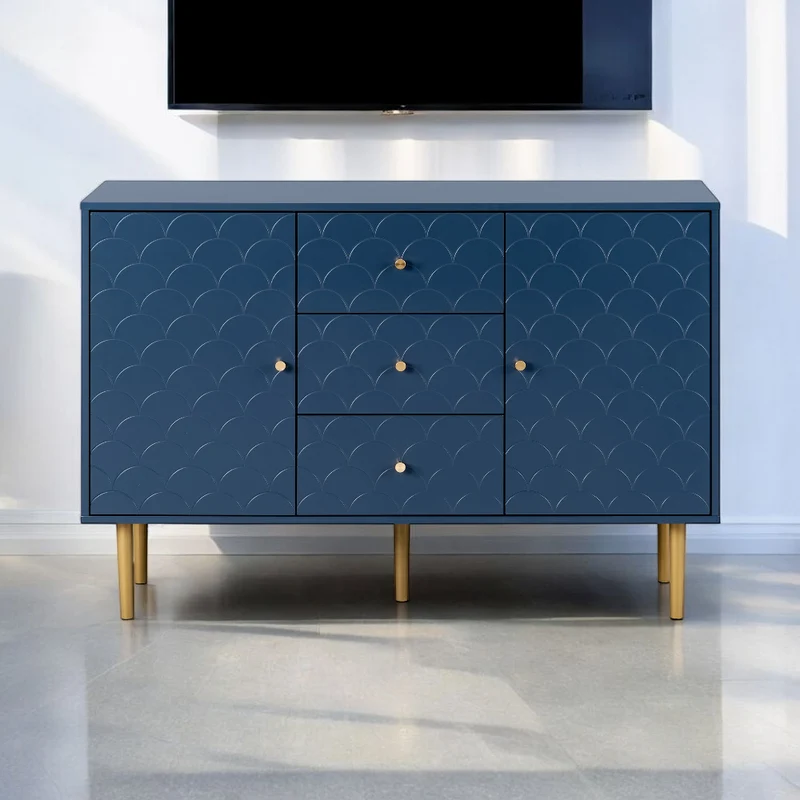 Commode buffet haut avec 2 portes 3 tiroirs bleu marine motif d'écailles H82/B120/T40 AIKETS