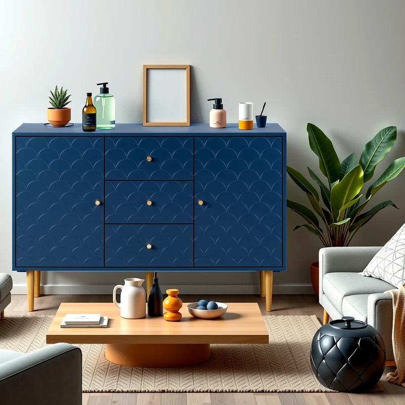 Commode buffet haut avec 2 portes 3 tiroirs bleu marine motif d'écailles H82/B120/T40 AIKETS