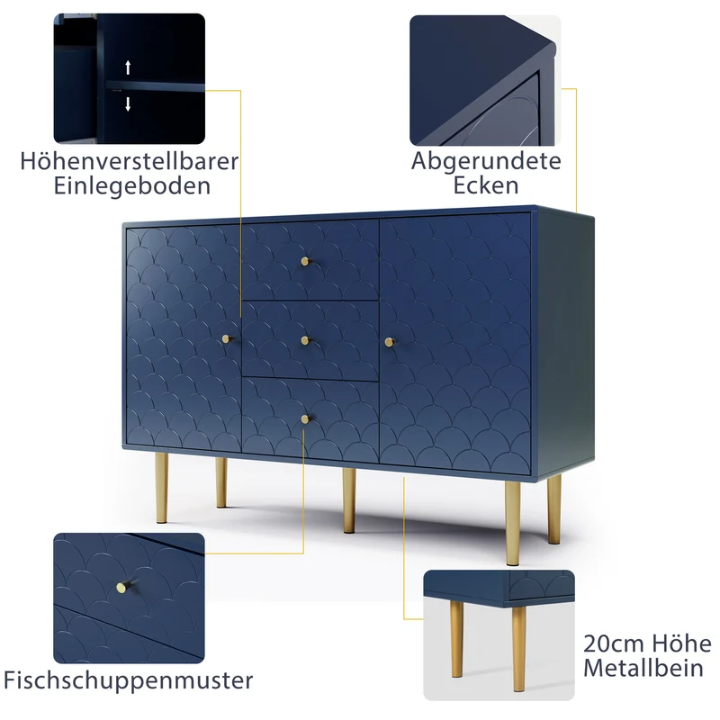 Commode buffet haut avec 2 portes 3 tiroirs bleu marine motif d'écailles H82/B120/T40 AIKETS