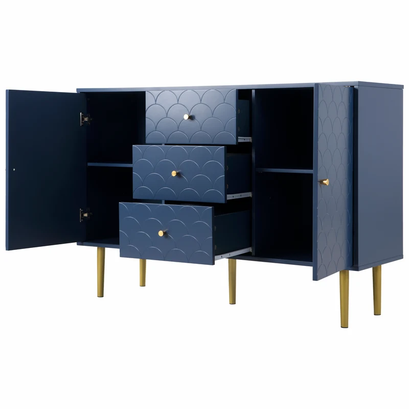 Commode buffet haut avec 2 portes 3 tiroirs bleu marine motif d'écailles H82/B120/T40 AIKETS