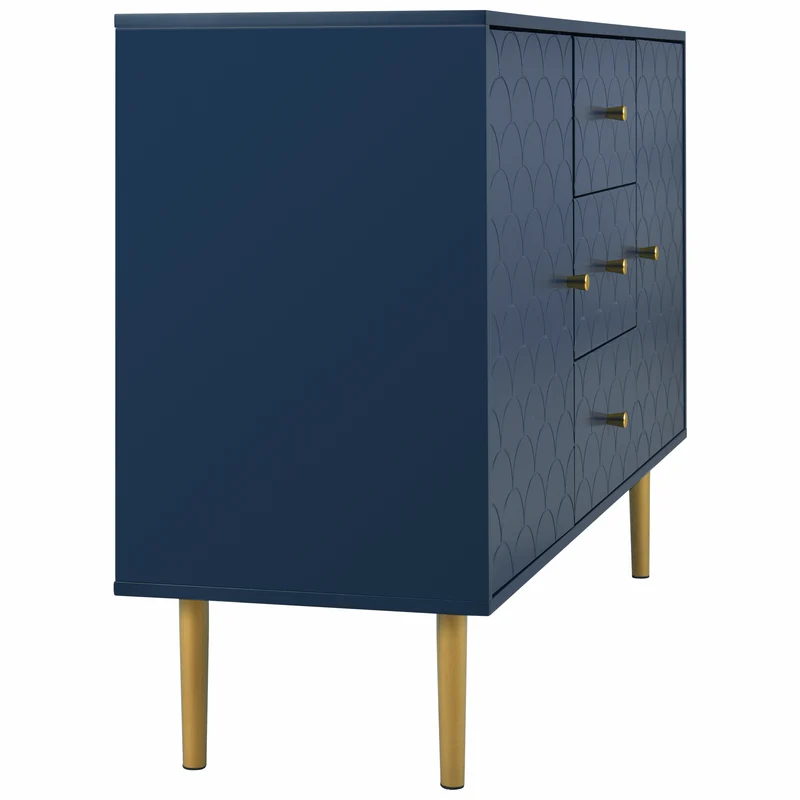 Commode buffet haut avec 2 portes 3 tiroirs bleu marine motif d'écailles H82/B120/T40 AIKETS