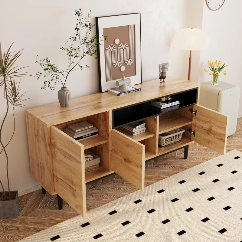 Buffet moderne en bois avec 3 portes 1 niche et étagères 160x35x76 cm OMHAT