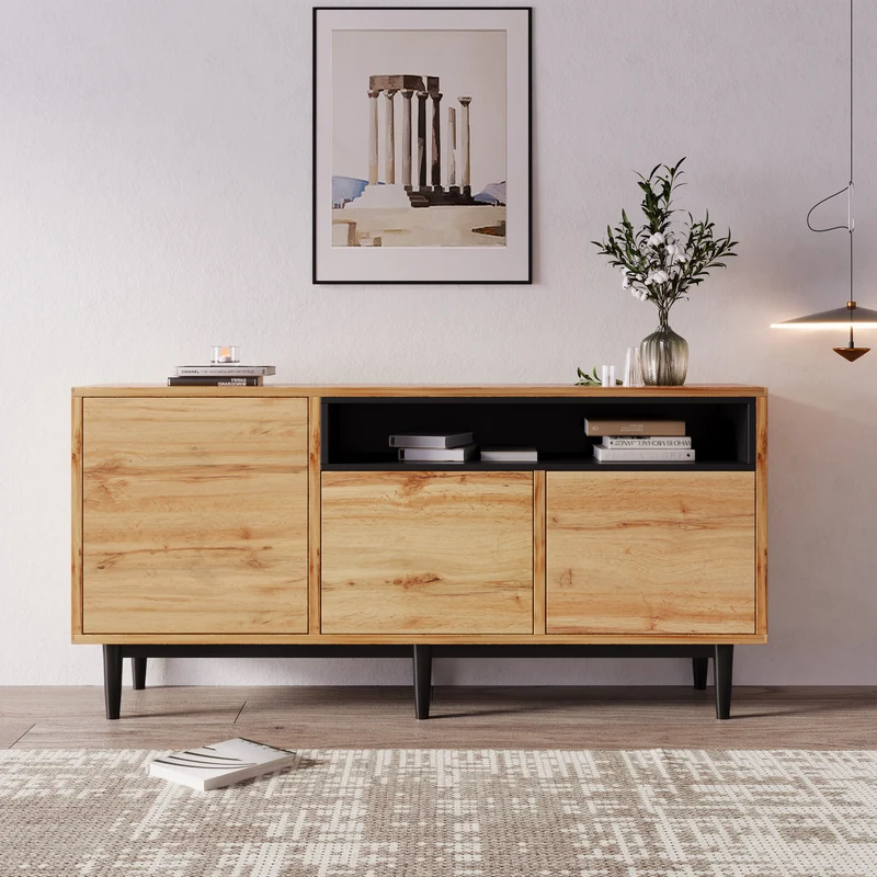Buffet moderne en bois avec 3 portes 1 niche et étagères 160x35x76 cm OMHAT