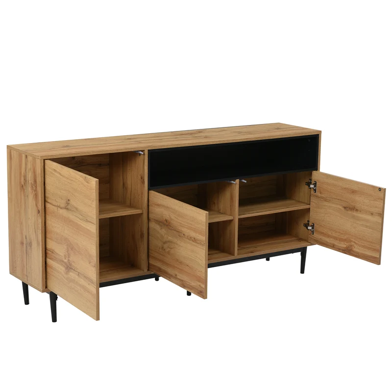 Buffet moderne en bois avec 3 portes 1 niche et étagères 160x35x76 cm OMHAT