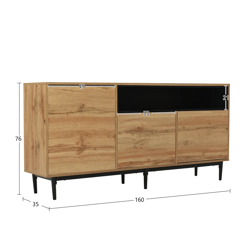 Buffet moderne en bois avec 3 portes 1 niche et étagères 160x35x76 cm OMHAT