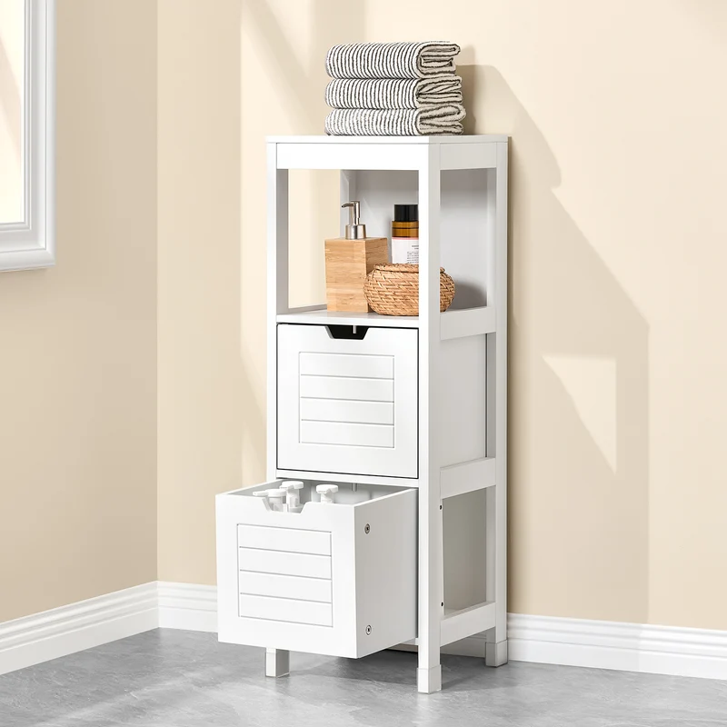 SoBuy FRG127-W Colonne Salle de Bain avec 2 Paniers, Format Compact, Design Moderne, pour Salle de Bain et WC, Rangement Optimisé – L30×P30×H89 cm, Bois, Blanc