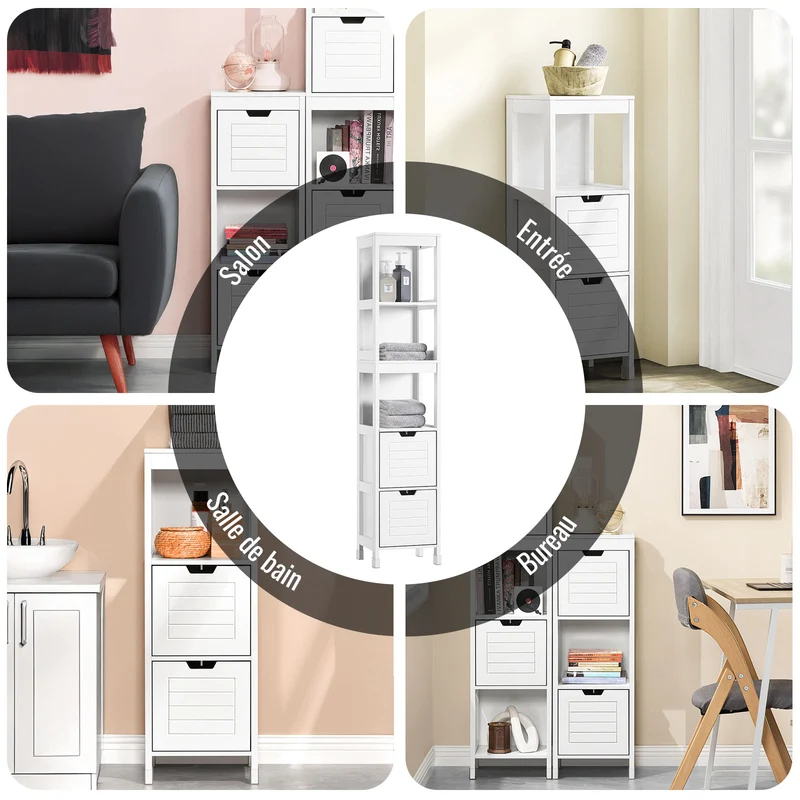 SoBuy FRG127-W Colonne Salle de Bain avec 2 Paniers, Format Compact, Design Moderne, pour Salle de Bain et WC, Rangement Optimisé – L30×P30×H89 cm, Bois, Blanc
