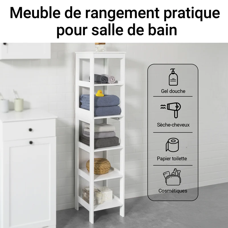 SoBuy BZR14-W Meuble Colonne de Salle de Bain Étagère Debout Armoire Haute Étagère de Rangement à 6 Niveaux - L30cm x P30cm x H139cm