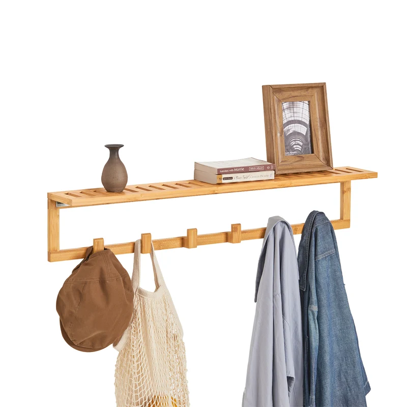 SoBuy FHK06-N Porte-Manteau Mural en Bambou avec Étagère et 6 Crochets – L90×P12,5×H16,5 cm, Charge 9 kg, Naturel