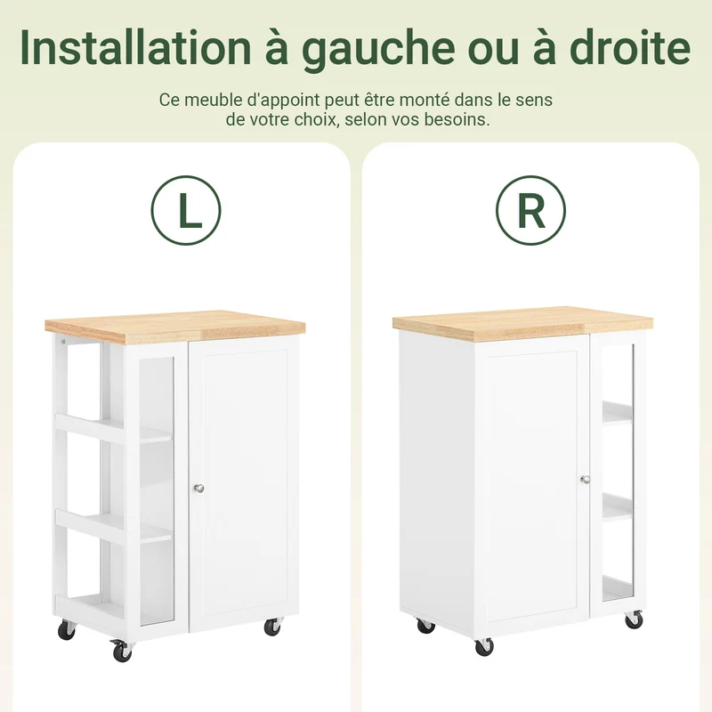 SoBuy FKW75-WN Desserte de Cuisine à Roulettes avec Placard et Étagère Latérale 3 Niveaux – Blanc/Naturel, 60 × 40 × 92 cm