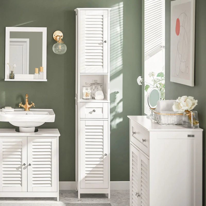 SoBuy FRG236-W Colonne de Salle de Bain – 32 cm, 2 Portes Persiennes, Tiroir et Niche, Blanc