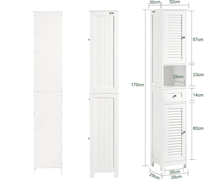 SoBuy FRG236-W Colonne de Salle de Bain – 32 cm, 2 Portes Persiennes, Tiroir et Niche, Blanc