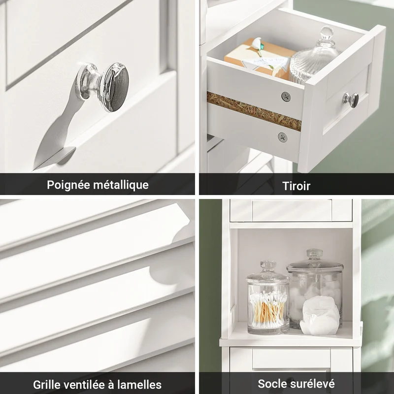 SoBuy FRG236-W Colonne de Salle de Bain – 32 cm, 2 Portes Persiennes, Tiroir et Niche, Blanc